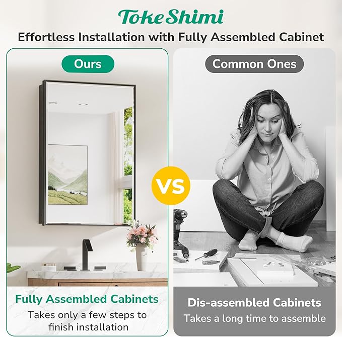 TokeShimi 15 x 36 Bathroom Medicine Cabinet Mirrored Beveled, Recessed Medicine Cabinet with Mirror for Wall, Aluminum Framed Metal Black Mirror with Storage Adjustable
