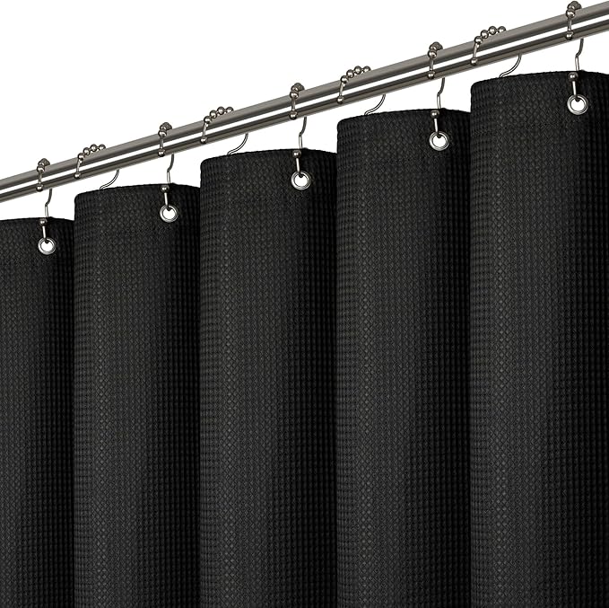 LiBa Waffle Weave Fabric Black Shower Curtain, 72 W x 72 H Water Repellent & Heavyweight, Hotel Quality & Machine Washable Cloth Linen Shower Curtains Set and for Bathroom