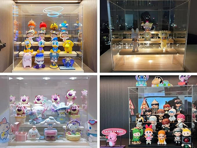 Choowin 5 Tier Clear Acrylic Display Case for Collectibles, Mini Figures, Pop Mart, Labubu, Sonny Angel, Smiski - Assemble Dustproof Acrylic Display Box with Door, Stand (Wood Base Step)