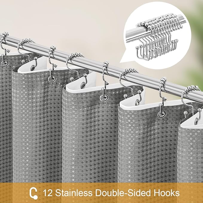 3 in 1 Extra Long Shower Curtain Set-72 W x 84 H, Grey Waffle and PEVA Liner Set with 12 Stainless Steel Hooks, Waterproof Fabric for Bathroom