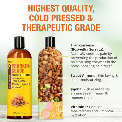 Seven Minerals Frankincense Massage Oil for Massage Therapy - Big 16 oz - Ideal for Professional or at-Home Body Massage. Soothing Natural Blend of Almond, Jojoba & Vitamin E