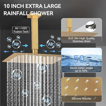 Brushed Gold Shower System with Body Jets, Bostingner 4 Way Shower Faucet Set with 2 in1 Handheld,Ceiling Mount 10 Inch Shower Head with 6 Inch Shower Head,4Pcs Body Jets With Dual Head Shower Set