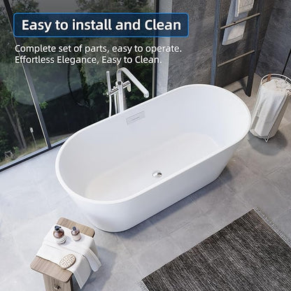 67" Acrylic Freestanding Bathtub, Modern White Soaking Tub for Bathrooms, Easy Install Contemporary Bath Tub with Chrome Overflow and Drain