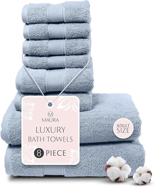 MAURA Light Blue Bath Towel Set of 8 for Bathroom. Turkish Cotton Luxury Bath Towels. Extra Large, Thick, Plush & Soft. Hotel & Spa Quality - Serenity Blue