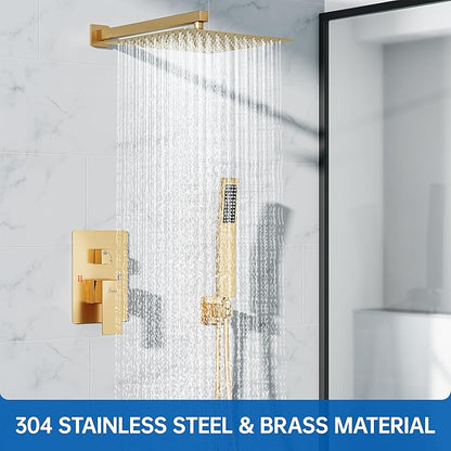 10 Inch Luxury Rain Shower Faucet Set, Brushed Gold Shower System with Rainfall Shower Head and Handheld Spray, SUS304 Stainless Steel and Solid Brass Wall Mounted Shower Valve Trim Kit