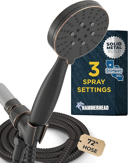 HammerHead Showers® Solid METAL 3-Spray Handheld Shower Head with Long Hose and Holder OIL RUBBED BRONZE - WIDE MASSAGE and MIST Sprays - 1.8 GPM Low Flow Handheld Showerhead -Water Saving Shower Head