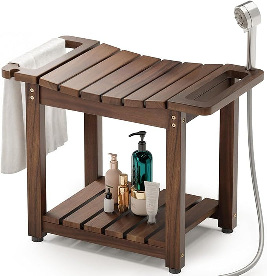 BLUEWEST Shower Bench Seat with Storage Shelf, Natural Wood Shower Benches for Inside Shower to Sit on, Waterproof Bathroom Spa Bench Stool for Legs Shaving with Built-in Handle & Shower Head Holder