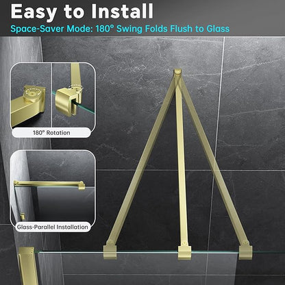 Frameless Shower Door Support Bar, Stainless Steel Wall-to-Glass Support Arm to Fixed Shower Glass Panel, for 1/4"-3/8" (6-10 mm) Door, 180° Pivot & Stow-Flat Mode (Brushed Gold, 19.7-inch(500mm))