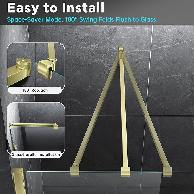 Frameless Shower Door Support Bar, Stainless Steel Wall-to-Glass Support Arm to Fixed Shower Glass Panel, for 1/4"-3/8" (6-10 mm) Door, 180° Pivot & Stow-Flat Mode (Brushed Gold, 15.8-inch(400mm))