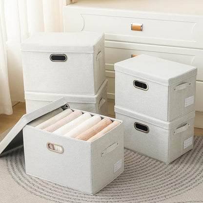 PRANDOM Collapsible Storage Bin with Lid [3-Pack] Fabric Foldable Storage Box Organizer Container Basket Cube with Cover for Home Bedroom Closet Office Beige(15.3x10x9.7)