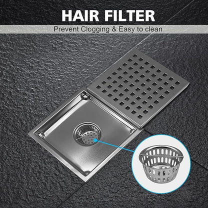 6 Inch Square Shower Drain with Flange, Removeable Grate SUS 304 Stainless Steel Shower Drain with Hair Catcher (Brushed Nickel, 6 Inch)