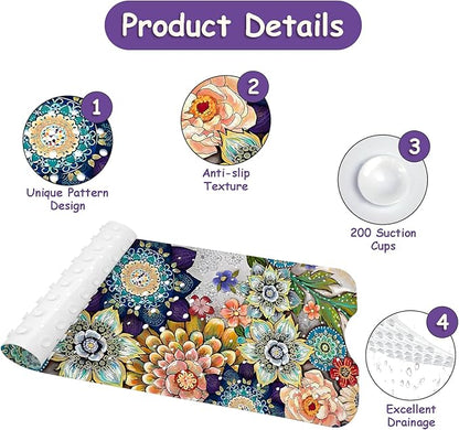 Bathtub Mat Non Slip, Bohemia Extra Long Bath tub Mat Shower Floor Mat with Suction Cups and Drain Holes for Adults Kids Elderly 40 X 16 Inch