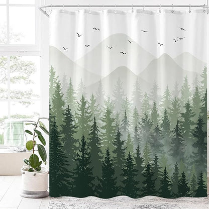 Aipon Green Misty Forest Shower Curtain Ombre Nature Tree Plants Shower Curtains Fabric Waterproof Mountain Shower Curtain Sets for Bathroom Bath Decor with 12 Hooks (Green, 72'' × 78'')