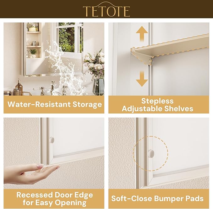 TETOTE 14 x 18 Medicine Cabinet with Tempered Beveled Mirror Silver Medicine Cabinet Mirror Aluminum Cabinet DTC Hinges, Stepless Adjustable Shelves, Recessed/Surface-Mounted