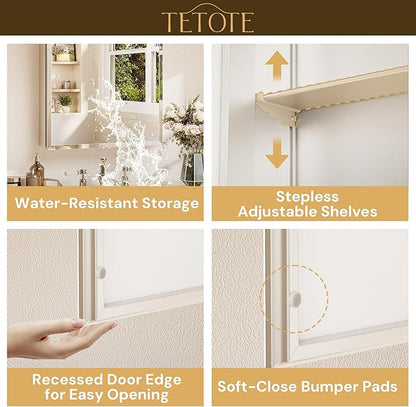 TETOTE 20 x 26 Bathroom Mirror with Storage with Tempered Beveled Mirror Silver Medicine Cabinet Aluminum Cabinet DTC Hinges, Stepless Adjustable Shelves, Recessed/Surface-Mounted