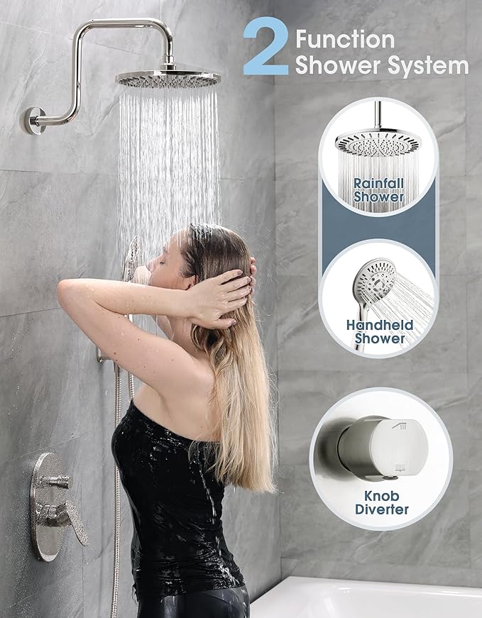 BRIGHT SHOWERS Shower Faucet Set, Shower System with Shower Valve Trim Kit, Double Handle Shower Fixture Rainfall Shower Head and 9-Setting Handheld Spray Combo, Valve Included, Brushed Nickel