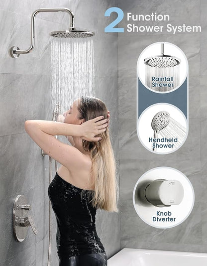 BRIGHT SHOWERS Shower Faucet Set, Shower System with Shower Valve Trim Kit, Double Handle Shower Fixture Rainfall Shower Head and 9-Setting Handheld Spray Combo, Valve Included, Brushed Nickel