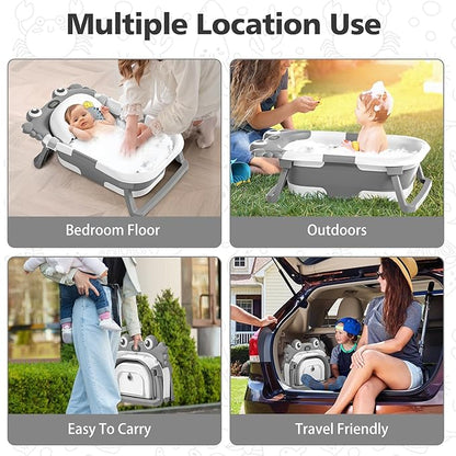 Collapsible Baby Bathtub for Newborns with Thermometer and Soft Floating Cushion Portable and Foldable Travel Baby Boy Bath Tub for Infants to Toddler 0-36 Month (Grey)