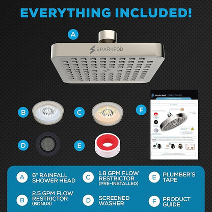 SparkPod Shower Head - High Pressure Rain - Premium Quality Luxury Design - 1-Min Install - Easy Clean Adjustable Replacement for Your Bathroom Shower Heads (Elegant Brushed Nickel, 6 Inch Square)