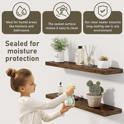Floating Shelves Wall Shelf 30 Inch Long, Rustic Wood Bathroom Shelves 30 Inch, Farmhouse Home Decor Kitchen Living Room Bedroom Shelves Wall Mounted, 30 x 6.7 x 1.4 Inch, Set of 3, Rustic Brown