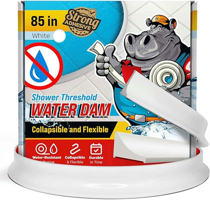 Shower Threshold Water Dam Barrier 85" - White Collapsible Shower Water Blocker - Guard for Walk in Shower - Water Guard Stopper for Floor - Shower Door Water Blocker by Hippo Dam