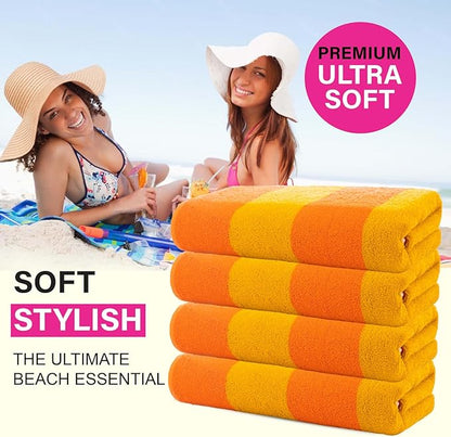CASA COPENHAGEN Malibu Beach Towels Designed in Denmark Rough and Tough, Quick Dry, for Pool, Bath & Shower 30x60 inches 4 Pieces Cotton Beach Bath Towels Set - Orange