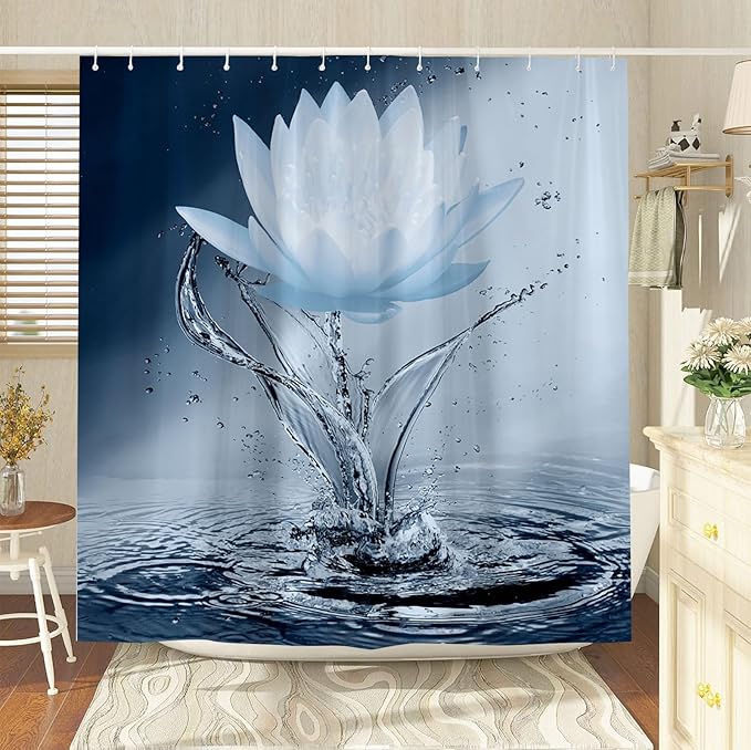 Lotus Shower Curtain Blue Flower Elegant Blooming Floral with Dew Spring Flower Reflection on Water Modern Romantic Polyester Fabric Bathroom Decor 36×70 Inch with Hook