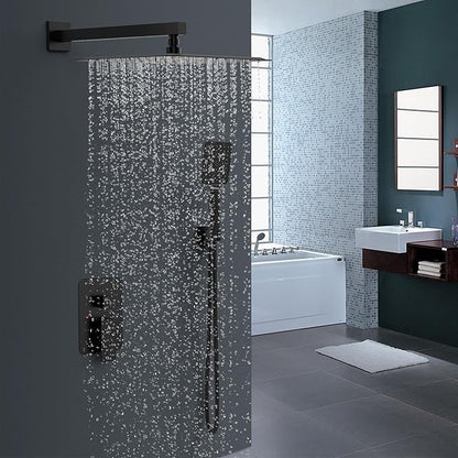 Shower System Modern Rain Brass Faucet Set With Valve and Diverter Shower Mixer With Handheld High Pressure Square Rainfall Shower Valve (12'' Wall Mount, Matte Black)