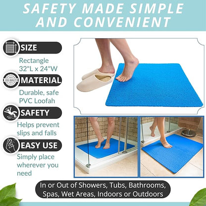 Enkosi Loofah Non-Slip Shower Mat - Shower Floors, Bathtub, Bathrooms, Wet Areas - Cushioned Bath Mat with Drain Holes - Quick Dry PVC, Secure Safety Pad Without Suction Cups (32x24 Blue)