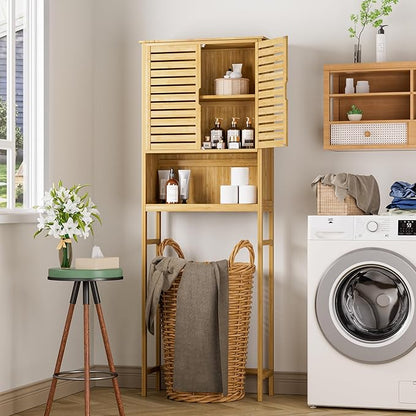 BlueWish Bamboo Over The Toilet Storage Cabinet, Over Toilet Cabinet with Anti-toppling Design, Adjustable Slats, Over-The-Toilet Storages, Bathroom Storage Cabinets for Bathroom, Laundry
