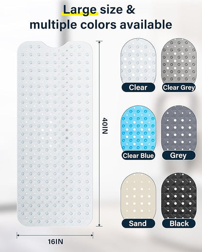 Non Slip Bathtub Mat for Tub & Shower, Machine Washable 40"x16" Anti Slip Bath Mat with 2 Hooks, Soft & Comfortable and Extra Large for Families, Clear