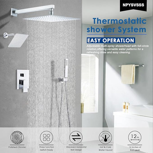 12" Shower Faucet Set Rain Shower System with 6" Wall Mounted Head Full Body Luxury Rain Shower System Rainfall Shower Head with Handheld Combo,3 Way Pressure Balance Valve Kit,Chrome