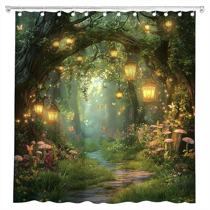 Fantasy Forest Path Shower Curtain Fairy Magical Enchanted Misty Jungle Mushroom Floral Tree Butterfly Lantern Wonderland Plant Bath Curtain Fabric Bathroom Accessories Decor with Hooks 70W x75L