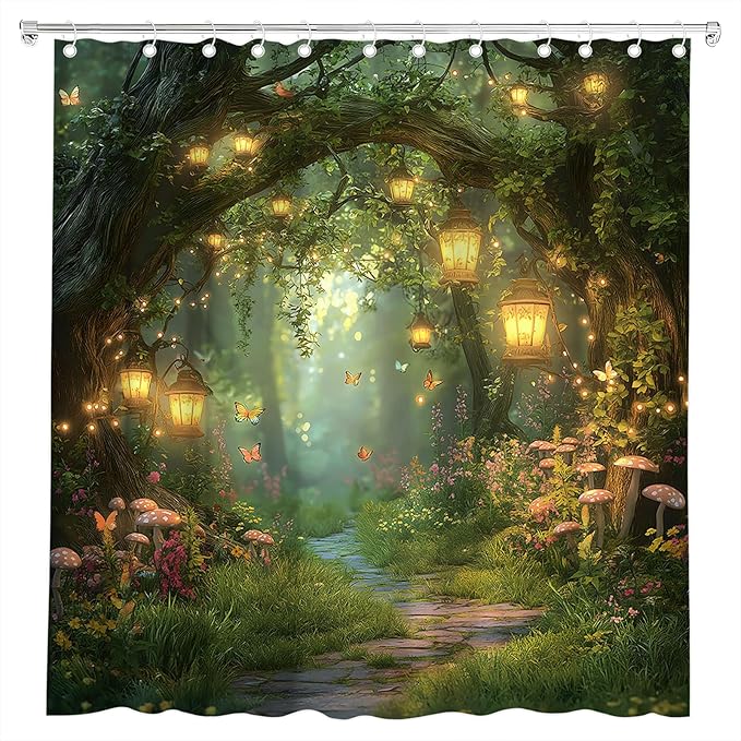 Fantasy Forest Path Shower Curtain Fairy Magical Enchanted Misty Jungle Mushroom Floral Tree Butterfly Lantern Wonderland Plant Bath Curtain Fabric Bathroom Accessories Decor with Hooks 47W x70L