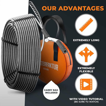 drain snake 3.0 [100 FT] - extremely long - Ideal plumbing snake for heavy & deep blockages - The drain auger for real do-it-yourselfers! (100 FT - 1/2 inch)