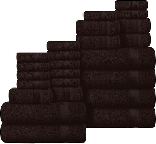 Belizzi Home 100% Cotton Towel Set, Contains 6 Bath Towel, 6 Hand Towel, 12 Wash Cloth - Compact Absorbent Lightweight & Quickdry Towels for Bathroom - 24 Piece Bathroom Towel Set - Chocolate Brown