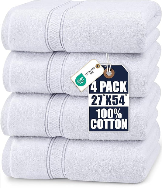 Utopia Towels 4 Pack Premium Bath Towels Set, 27 by 54 Inches, 100% Ring Spun Cotton 600GSM, Lightweight and Highly Absorbent Quick Drying Towels, Perfect for Daily Use, White