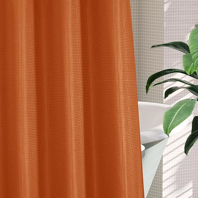MitoVilla No Hooks Needed Extra Long Shower Curtain Liner Set, Orange 86 inch XL Heavyweight Waffle Fabric Cloth Shower Curtains Set with Snap-in Liner for Modern Luxury Hotel & Spa Bathroom Decor
