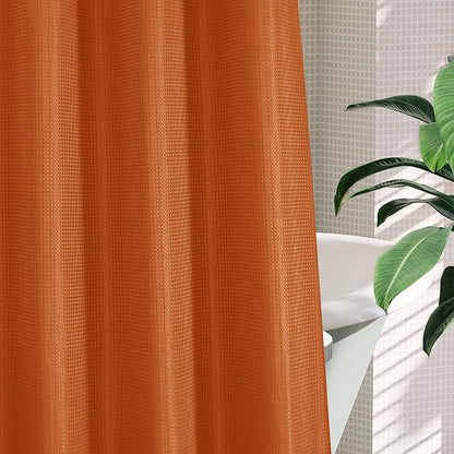 MitoVilla No Hooks Needed Extra Long Shower Curtain Liner Set, Orange 86 inch XL Heavyweight Waffle Fabric Cloth Shower Curtains Set with Snap-in Liner for Modern Luxury Hotel & Spa Bathroom Decor