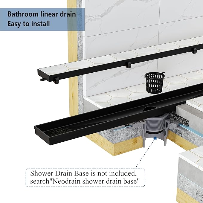 Neodrain 54-Inch Linear Shower Drain with Tile Insert Grate, Matte Black 304 Stainless Steel Rectangle Shower Floor Drain, Linear Drain with Leveling Feet, Hair Strainer