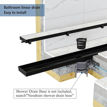 Neodrain 54-Inch Linear Shower Drain with Tile Insert Grate, Matte Black 304 Stainless Steel Rectangle Shower Floor Drain, Linear Drain with Leveling Feet, Hair Strainer