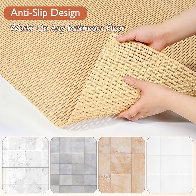 Extra Large Non-Slip Shower Mat, Fast-Dry PVC Bath Stall Tub Mat, Drain-Hole Design for Shower Stall Tub for Elderly/Kids, Non Slip Bath Mat Bathroom Safety Accessory, Khaki 58"x32"