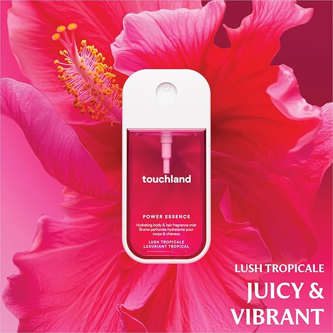 Touchland JUICY ESCAPE Body and Hand Mist Essentials (Lush Tropicale Body & Hair Fragrance Mist, 2 FL. OZ. + Wild Watermelon Hydrating Hand Sanitizer Spray 1FL.OZ.), Travel Size Set