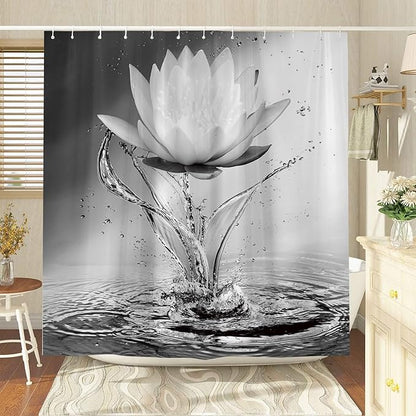 Lotus Shower Curtain Black White Grey Flower Elegant Blooming Floral with Dew Spring Flower Reflection on Water Modern Romantic Polyester Fabric Bathroom Decor 86×70 Inch with Hook
