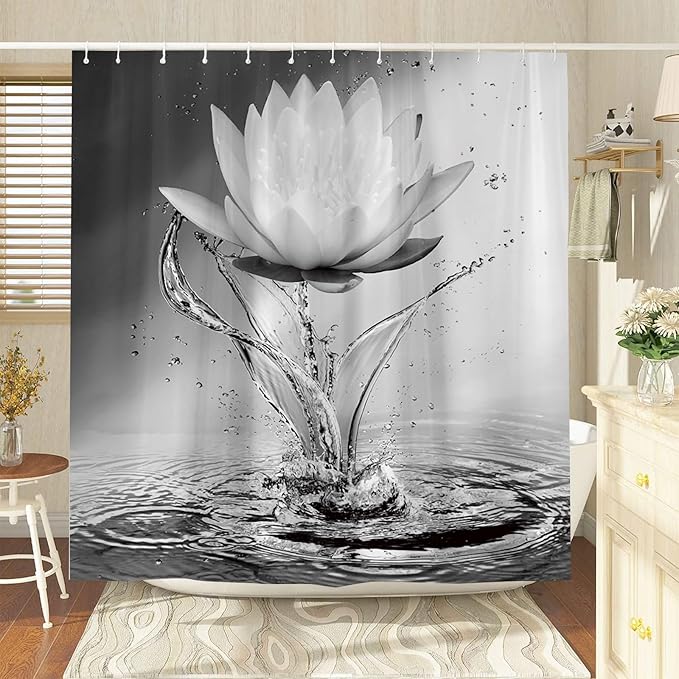 Lotus Shower Curtain Black White Grey Flower Elegant Blooming Floral with Dew Spring Flower Reflection on Water Modern Romantic Polyester Fabric Bathroom Decor 36×70 Inch with Hook