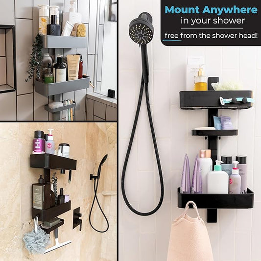 Rust Resistant Hygienic Shower Caddy – Hanging Bathroom Organizer with Adjustable Shelves, Easy Clean Trays & Magnetic Hooks for DIY Remodels & Shower Niches - Black