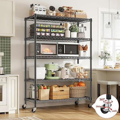 REIBII 73''H Storage Shelves 1660LBS Wire Shelving Unit with Wheels 5 Tier Metal Shelving,Heavy Duty Metal Shelves for Storage Rack,73''HX35''WX15''D