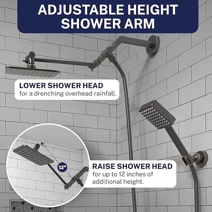 HammerHead® Solid Metal Dual Shower Head Combo — 8" Square Rain Shower Head with Handheld, 12" Adjustable Arm & Wall-Mount Holder for Flexible Installation — Oil Rubbed Bronze