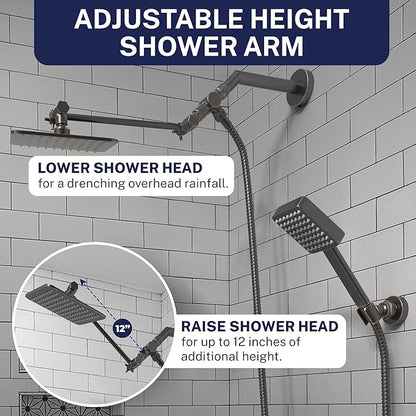 HammerHead® Solid Metal Dual Shower Head Combo — 8" Square Rain Shower Head with Handheld, 12" Adjustable Arm & Wall-Mount Holder for Flexible Installation — Oil Rubbed Bronze
