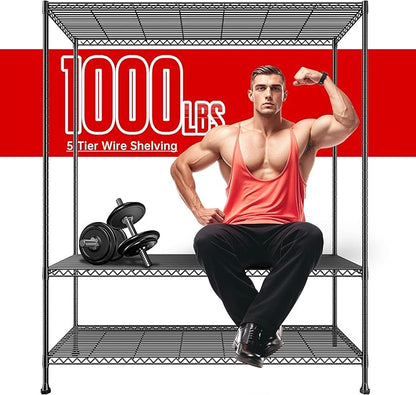 REIBII 45.8''W Storage Shelves 5 Tier Wire Shelving Metal Shelves for Storage 1000LBS Adjustable Heavy Duty Metal Shelving Unit Storage for Pantry Kitchen Garage 45.8" W x 71" H x 17.2" D 4PCS